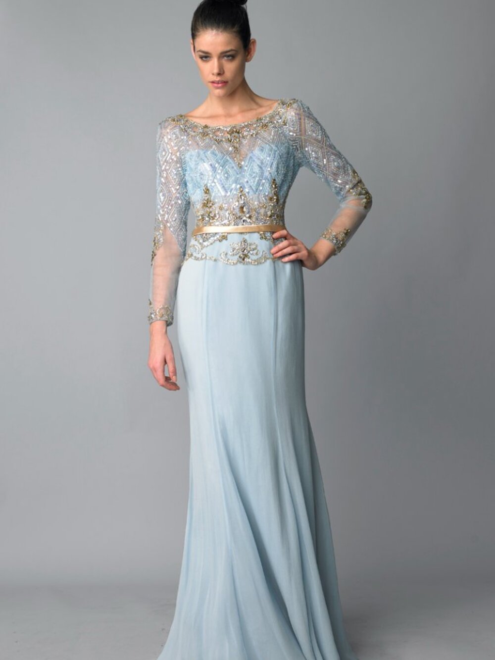 D6163L Sequined Champagne Column Gown - Light Blue